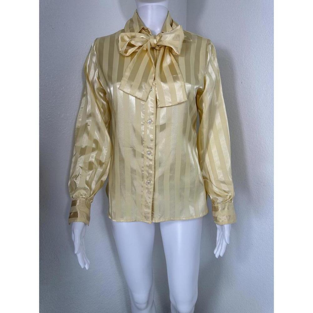 VTG 70s Sears JR Bazaar Gold Pussybow Blouse Sz 9 Shiny Satin Secretary - Picture 2 of 6